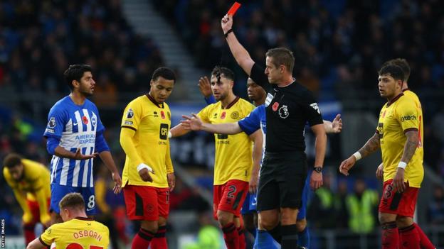 Mahmoud Dahoud's dismissal was the fourth red card referee John Brooks has handed out in eight Premier League games this season