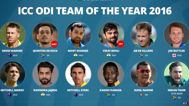 David Warner (Australia), Quinton de Kock (South Africa) (wicketkeeper), Rohit Sharma (India), Virat Kohli (India) (captain), AB de Villiers (South Africa), Jos Buttler (England), Mitchell Marsh (Australia), Ravindra Jadeja (India), Mitchell Starc (Australia), Kagiso Rabada (South Africa), Sunil Narine (West Indies), Imran Tahir (South Africa)