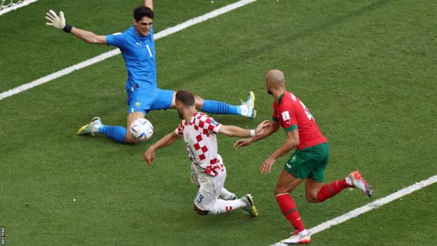 Croatia's Nikola Vlasic has a changeable  saved by Morocco's Yassine Bounou