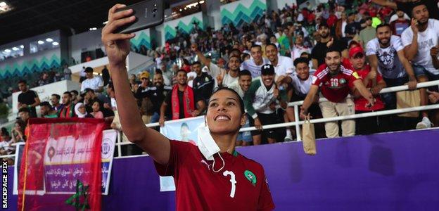 Ghizlane Chebbak celebrates her goal for Morocco against Senegal