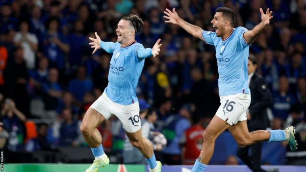 Rodri and Jack Grealish celebrate Manchester City's Champions League win