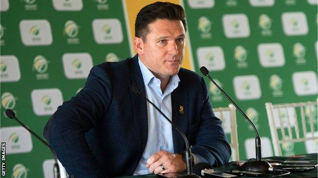 Former South Africa captain and director of cricket Graeme Smith speaks at a press conference