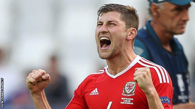 Ben Davies celebrates Wales' win over Slovakia at Euro 2016