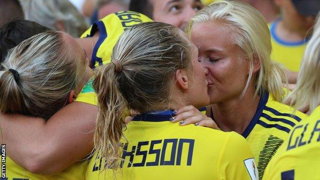 Magdalena Eriksson and Pernille Harder kissing at the World Cup in 2019