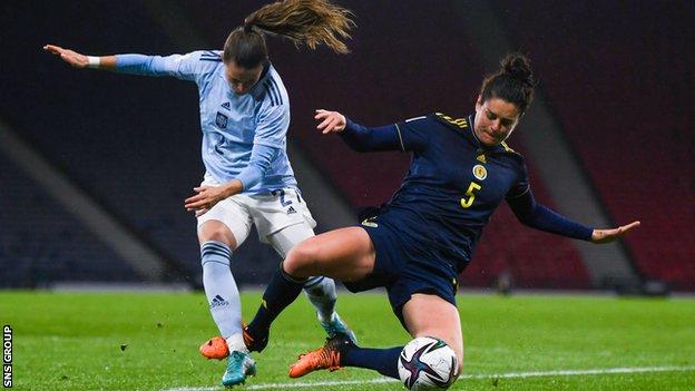 Scotland's Jen Beattie and Spain's Ona Batlle during a FIFA Women's World Cup UEFA qualifiers Group Stage match between Scotland and Spain at Hampden Park