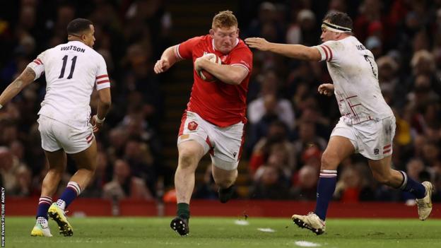 Wales prop Rhys Carre in action against England