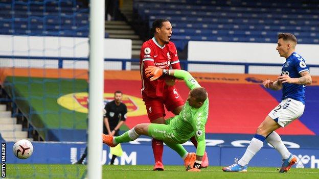 Jordan Pickford tackles Virgil van Dijk