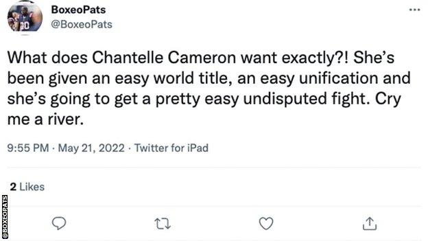 Tweet about Chantelle Cameron.