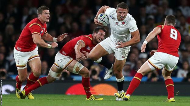 Sam Burgess is stopped by Sam Warburton with Scott Williams (left) watching on