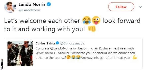 Lando Norris replies to a tweet from future McLaren team-mate Carlos Sainz, saying he is looking forward to working with him