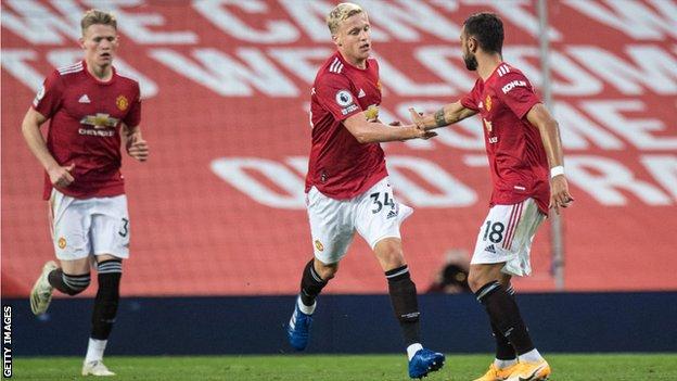 Summer signing Donny Van de Beek, centre, scored after coming on as a second-half substitute