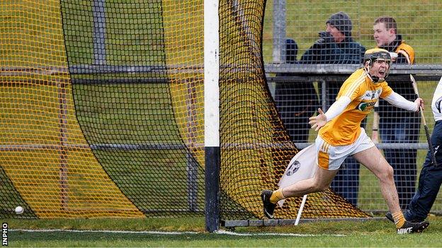 A delighted Saul McCaughan runs away in celebration after scoring a goal against Kildare on Sunday