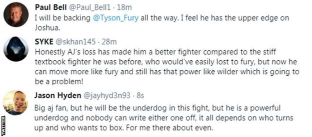 Fans on Twitter predict Joshua-Fury, with one saying Fury has the other hand, the other saying AJ will win and a third fan saying it's even