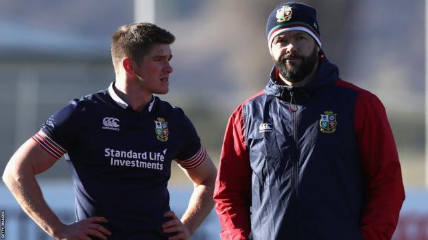 Andy Farrell and Owen Farrell talk during the a British and Irish Lions training session on the 2017 tour of New Zealand