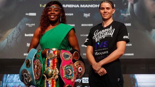 Franchon Crews-Dezurn and Savannah Marshall at a news conference before their super-middleweight world title fight