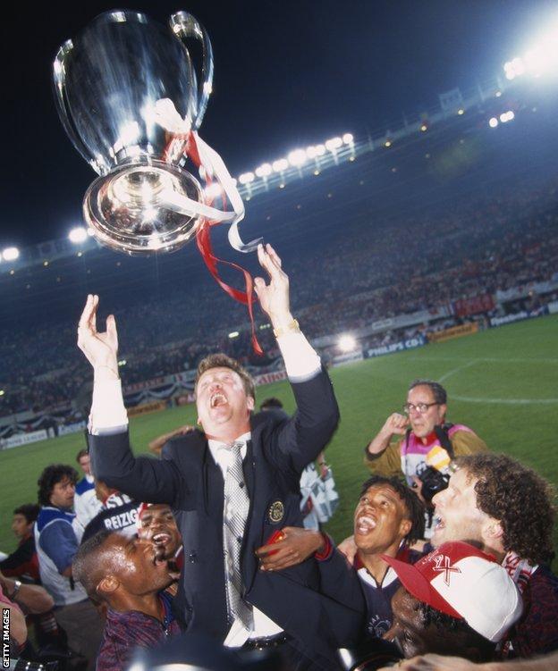 Louis van Gaal celebrates winning the 1995 Champions League with Ajax