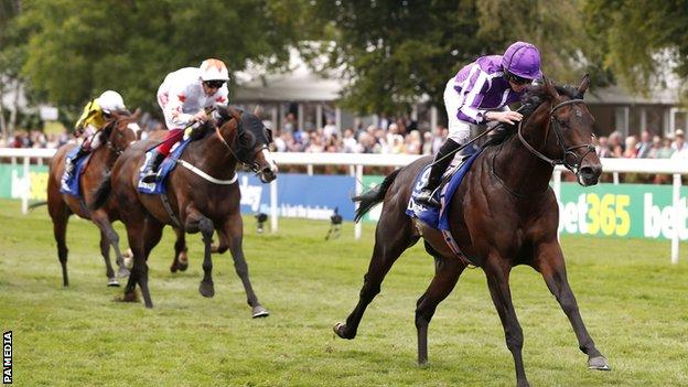 Ten Sovereigns and jockey Ryan Moore win the July Cup at Newmarket