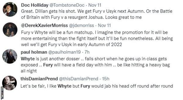Fans on Twitter predict Tyson Fury v Dillian Whyte. One says 'Fury will have a field day with him' while another says Fury "would jab his head off".