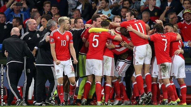 Wales celebrate Ashley Williams' goal