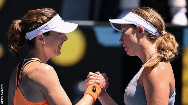 Danielle Collins (right) shakes hands with Alize Cornet after their Australian Open quarter-final