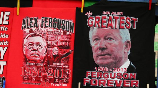T-shirts commemorating St Alex Ferguson's reign at Old Trafford