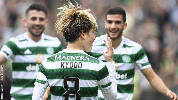 Kyogo celebrates his hat-trick - his second for Celtic