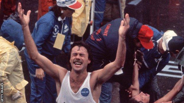 Rod Dixon celebrates his New York Marathon win in 1983