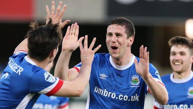 Delight for Blues defender Mark Haughey after he scores against former club Glenavon