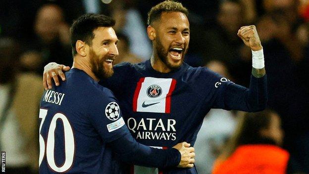 Lionel Messi and Neymar celebrate a Paris St-Germain goal in the Champions League
