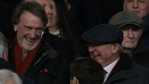Former Manchester United boss Sir Alex Ferguson share a joke with Sir Jim Ratcliffe before kick-off at Old Trafford
