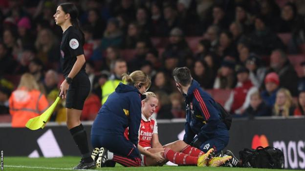 Mead looked tearful when she went off with a knee injury against Manchester United in November, 2022