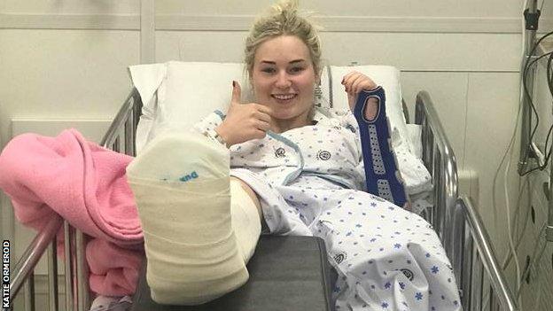 Katie Ormerod gives a thumbs up from her hospital bed in Pyeongchang