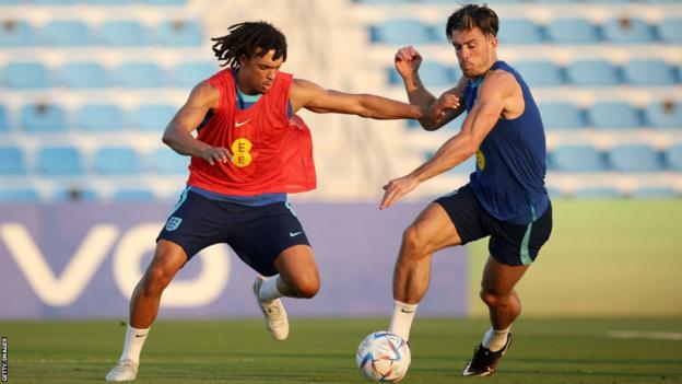 Trent Alexander-Arnold and Jack Grealish during England training