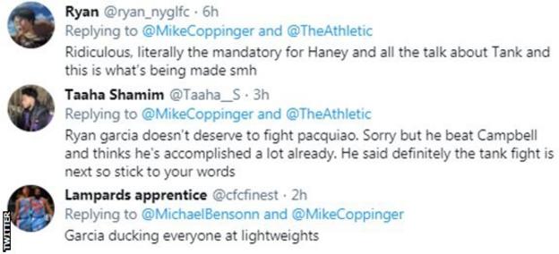 Boxing fans on Twitter criticise Ryan Garcia for pursuing a fight with Manny Pacquiao, with one fan saying he is 