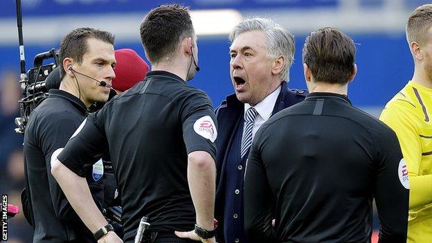Carlo Ancelotti shouting at referee Chris Kavanagh after Sunday's 1-1 draw with Manchester United