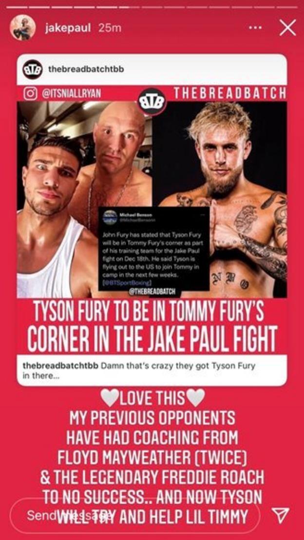 Jake Paul on Instagram says his previous opponents have had Floyd Mayweather and Freddie Roach in their corner
