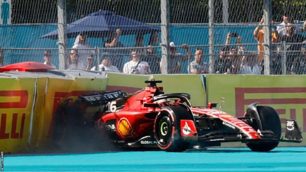 Charles Leclerc crashes into the barrier in qualifying for the Miami Grand Prix