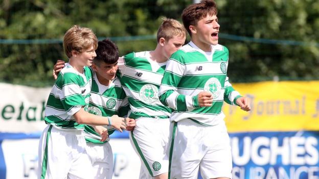 Celtic's Connor Farrelly celebrates scoring in an Under-14 match against Bertie Peacock Youths