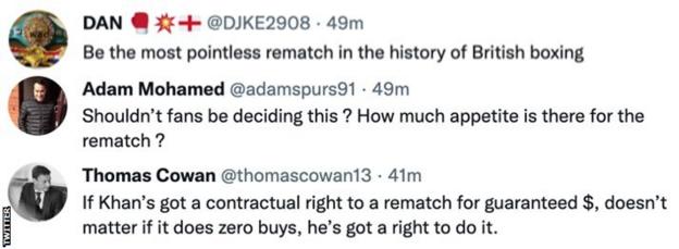 Fans react to Amir Khan potentially invoking a rematch with Kell Brook. One says it woudl be "the most pointless rematch in the history of British boxing" while another says Khan has the right to do it if there was a contractual right to a rematch
