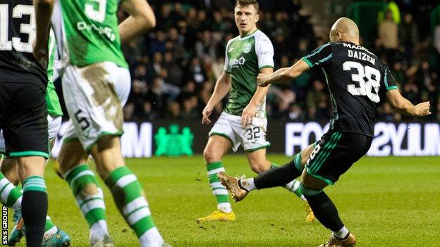 Celtic's Daizen Maeda scores to make it 2-0 during a cinch Premiership match between Hibernian and Celtic