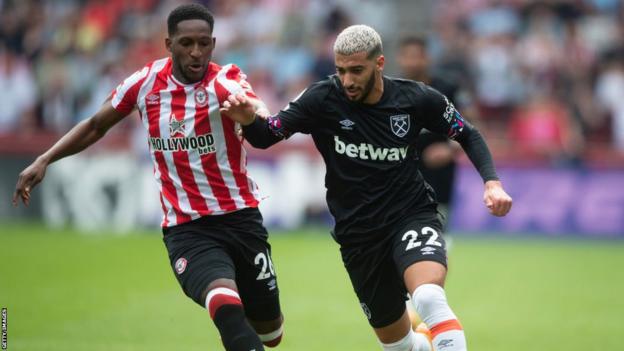 Brentford and West Ham players vie for the ball in a Premier League game