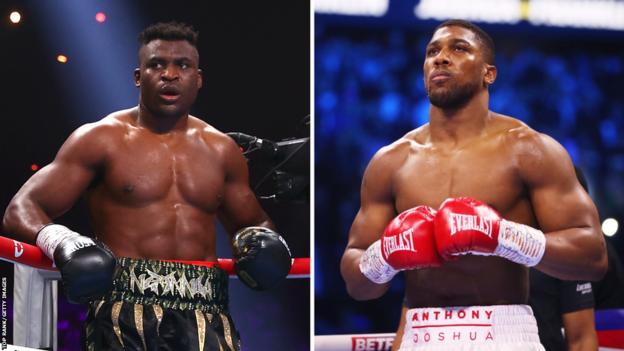 Split image of Francis Ngannou in the ring with his boxing gloves and Anthony Joshua in the ring