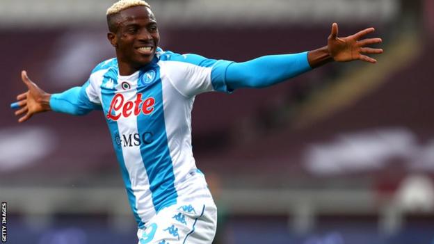 Nigeria striker Victor Osimhen celebrates a goal for Italian club Napoli