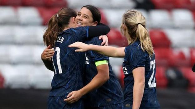 Sam Kerr celebrates with her Chelsea teammates