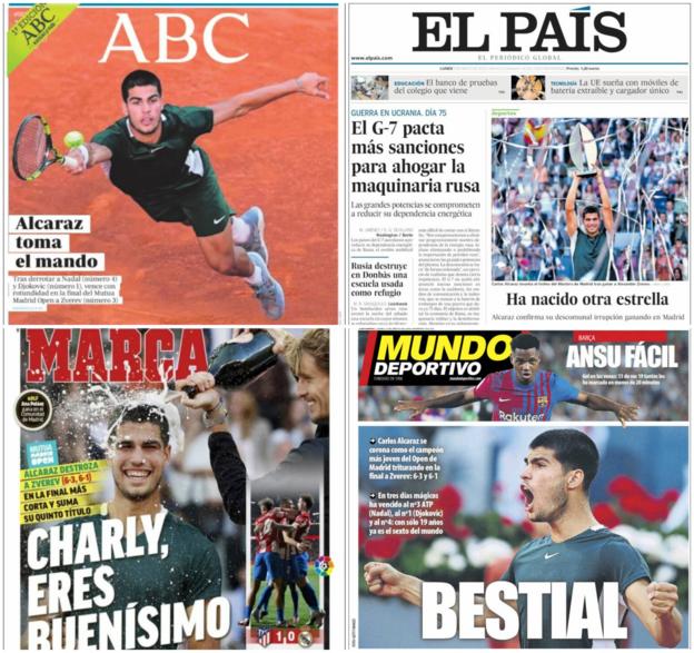 Voorpagina's van Spaanse kranten na de overwinning van Carlos Alcaraz op het Madrid Open