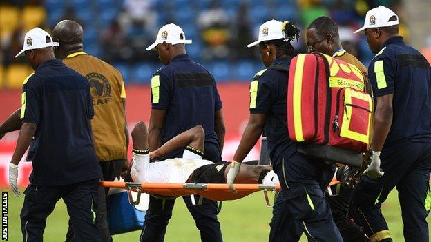 Baba Rahman was stretchered off the pitch after only 39 minutes of the match against Uganda