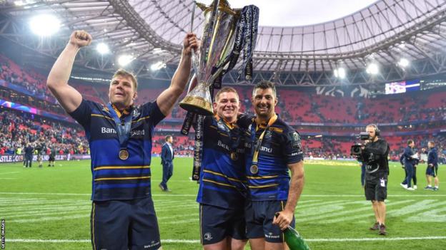 Leinster players Jordi Murphy, Tadhg Furlong and Rob Kearney in Bilbao stadium with the Champions Cup