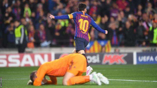 Lionel Messi celebrates as David de Gea lies dejected on the floor
