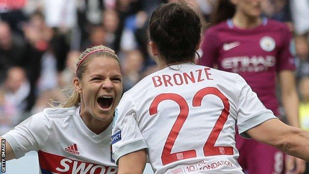 Bronze celebrates her Champions League semi-final goal with last year's Women's Footballer of the Year winner and Lyon team-mate Ada Hegerberg