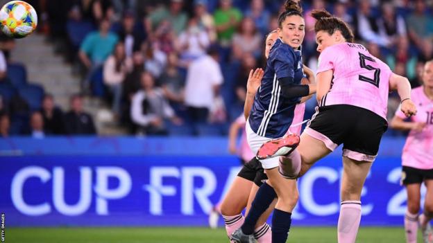 Jen Beattie (number five) scored for Scotland astatine  the 2019 World Cup